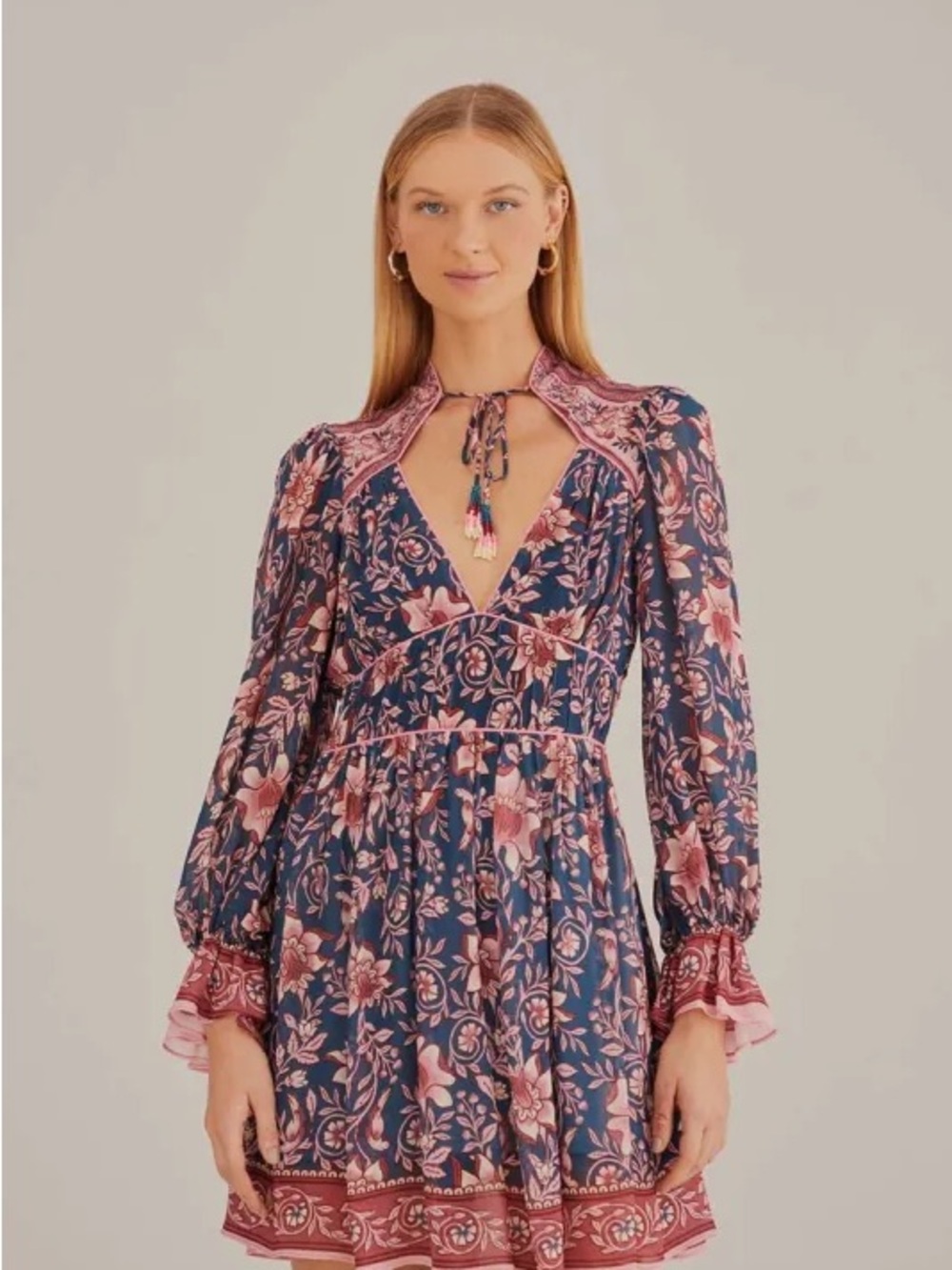 FARM Rio Navy and Pink Floral Tie-Neck Long Sleeve Dress
